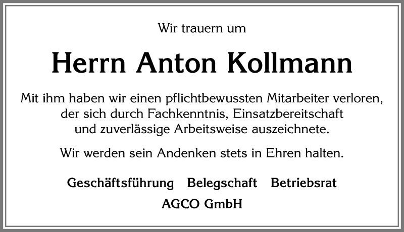 Traueranzeige von Anton Kollmann von Allgäuer Zeitung, Marktoberdorf