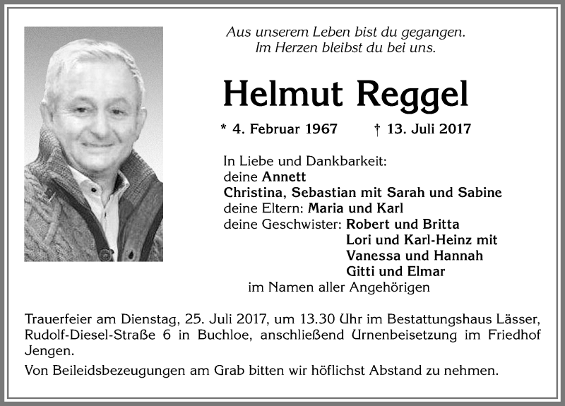 Traueranzeige von Helmut Reggel von Allgäuer Zeitung, Kaufbeuren/Buchloe