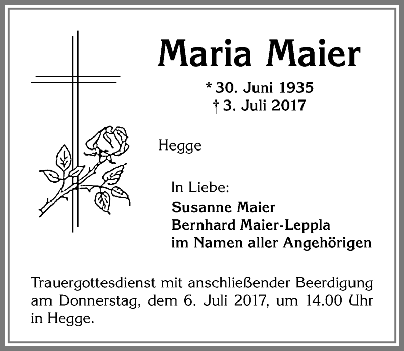 Traueranzeige von Maria Maier von Allgäuer Zeitung,Kempten