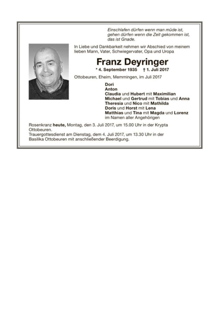 Traueranzeige von Franz Deyringer 