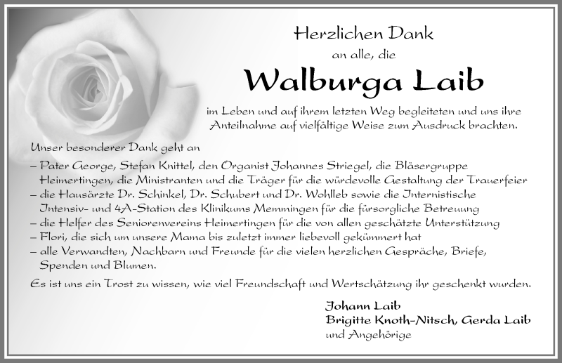 Traueranzeige von Walburga Laib von Memminger Zeitung