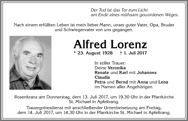 Traueranzeige von Alfred Lorenz von Allgäuer Zeitung, Kaufbeuren/Buchloe