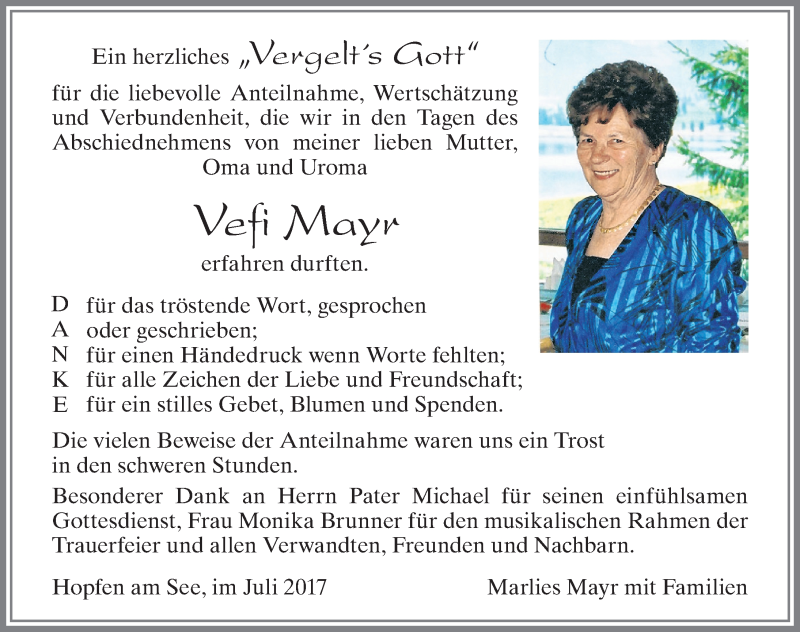 Traueranzeige von Vefi Mayr von Allgäuer Zeitung, Füssen