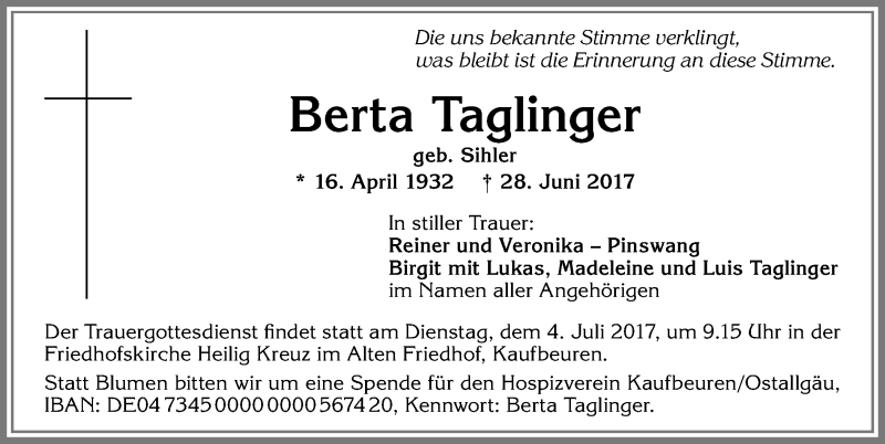 Traueranzeige von Berta Taglinger von Allgäuer Zeitung, Kaufbeuren/Buchloe