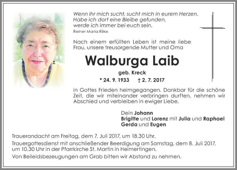 Traueranzeige von Walburga Laib von Memminger Zeitung