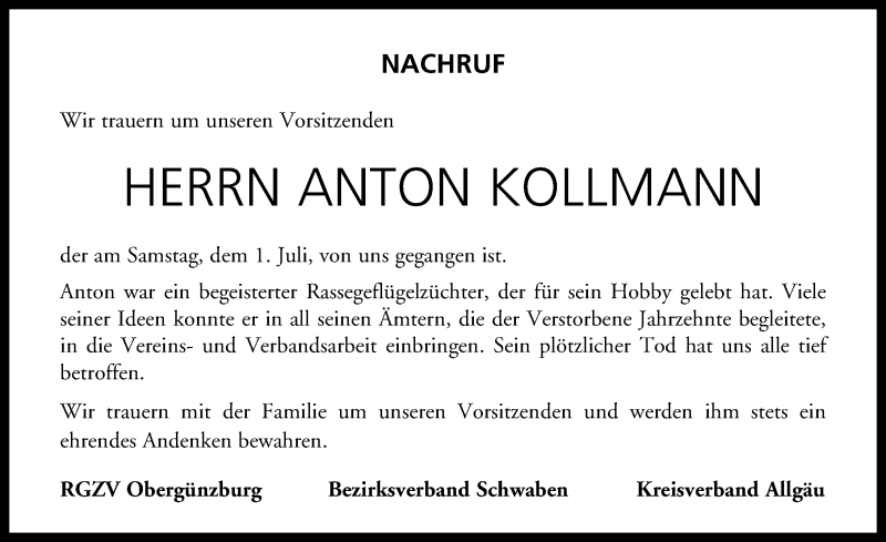 Traueranzeige von Anton Kollmann von Allgäuer Zeitung, Marktoberdorf