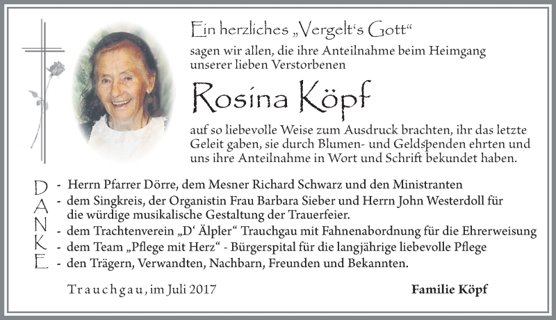 Traueranzeige von Rosina Köpf von Allgäuer Zeitung, Füssen