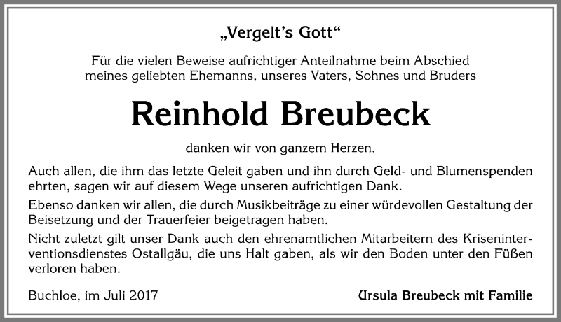 Traueranzeige von Reinhold Breubeck von Allgäuer Zeitung, Kaufbeuren/Buchloe