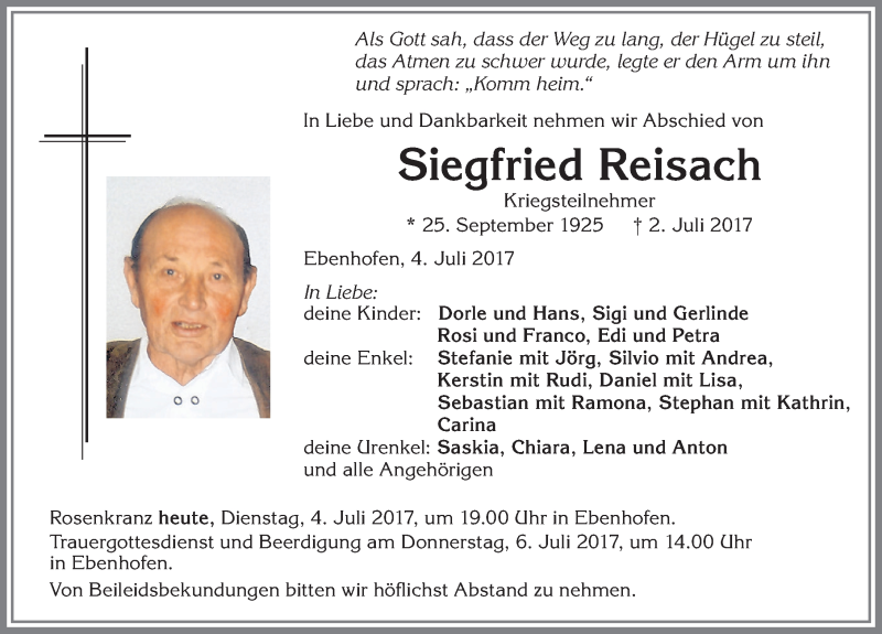 Traueranzeige von Siegfried Reisach von Allgäuer Zeitung, Marktoberdorf