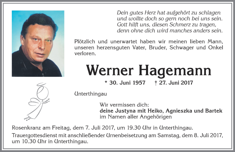 Traueranzeige von Werner Hagemann von Allgäuer Zeitung, Marktoberdorf