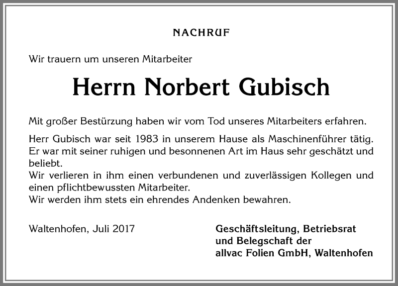 Traueranzeige von Norbert Gubisch von Allgäuer Zeitung,Kempten