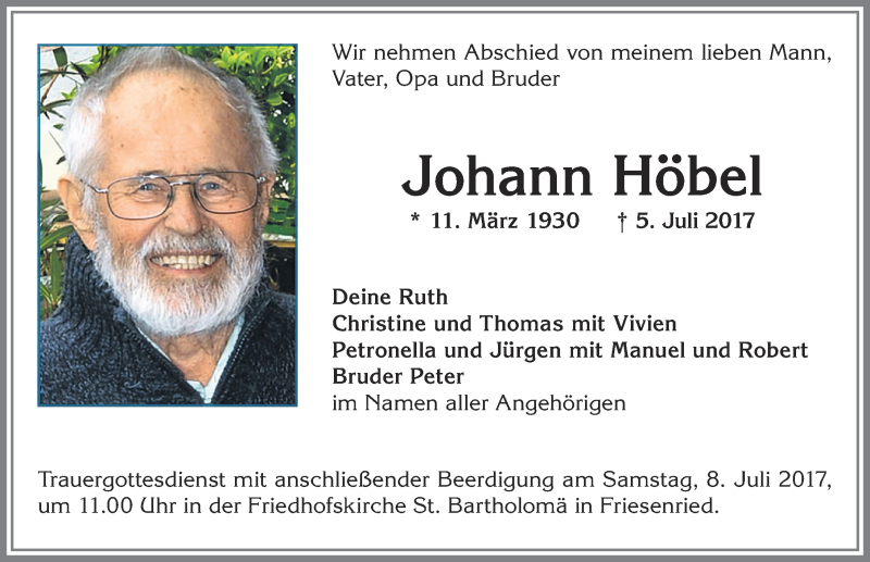 Traueranzeige von Johann Höbel von Allgäuer Zeitung, Kaufbeuren/Buchloe