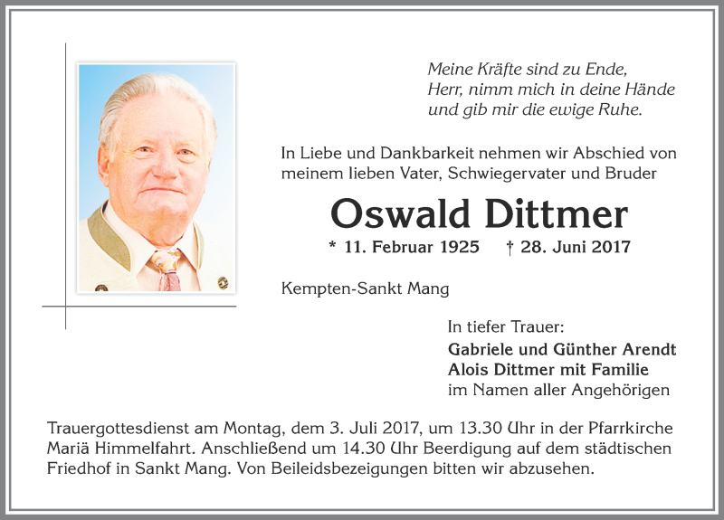 Traueranzeige von Oswald Dittmer von Allgäuer Zeitung,Kempten