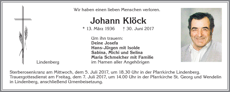 Traueranzeige von Johann Klöck von Allgäuer Zeitung, Kaufbeuren/Buchloe