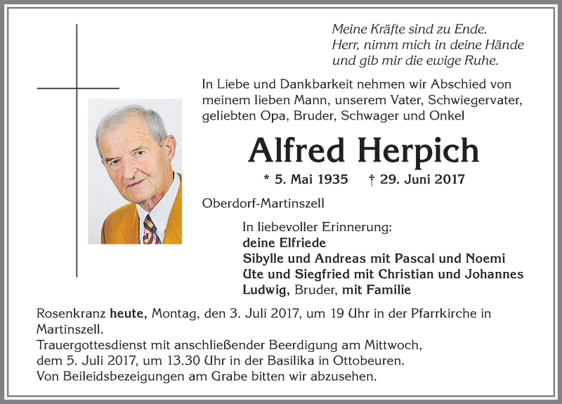 Traueranzeige von Alfred Herpich von Allgäuer Zeitung