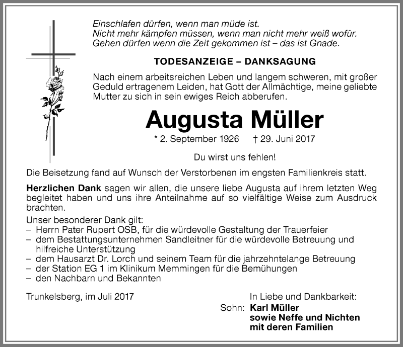 Traueranzeige von Augusta Müller von Memminger Zeitung