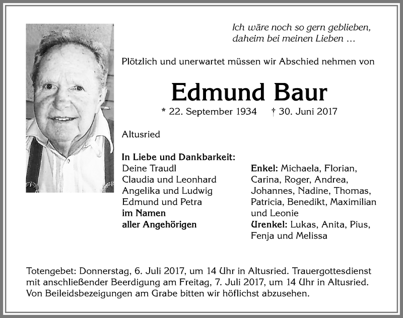 Traueranzeige von Edmund Baur von Allgäuer Zeitung,Kempten