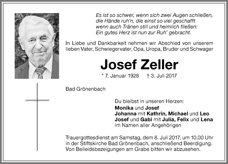 Traueranzeige von Josef Zeller von Memminger Zeitung