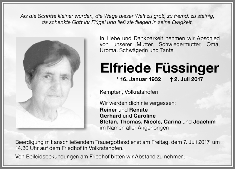 Traueranzeige von Elfriede Füssinger von Allgäuer Zeitung