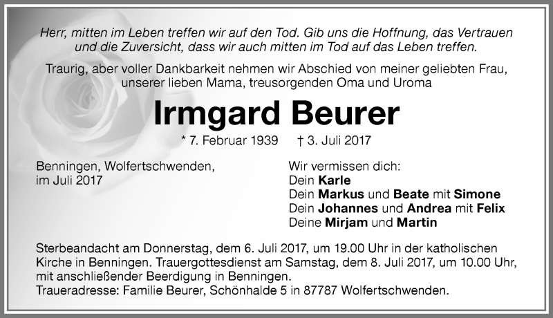 Traueranzeige von Irmgard Beurer von Memminger Zeitung