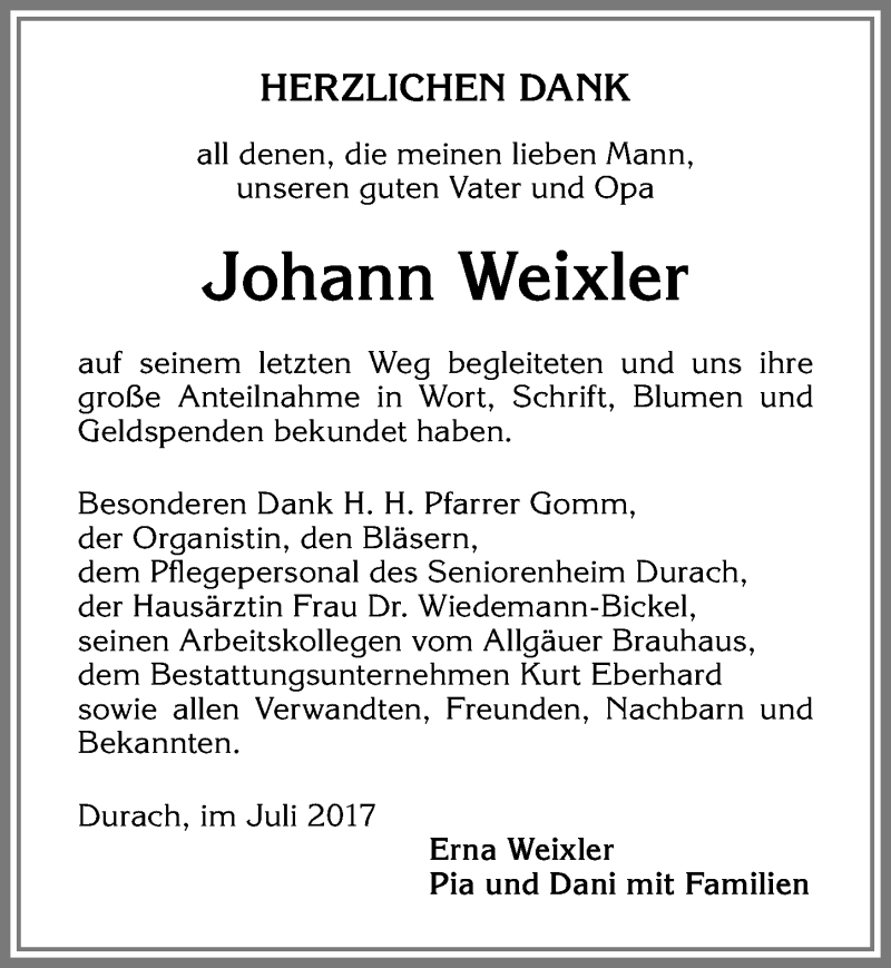 Traueranzeige von Johann  Weixler von Allgäuer Zeitung,Kempten