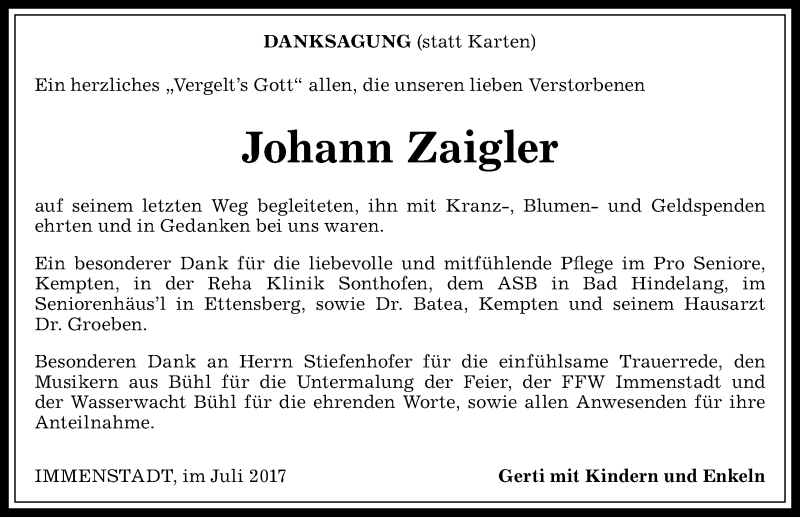 Traueranzeige von Johann Zaigler von Allgäuer Anzeigeblatt