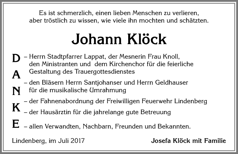 Traueranzeige von Johann Klöck von Allgäuer Zeitung, Kaufbeuren/Buchloe