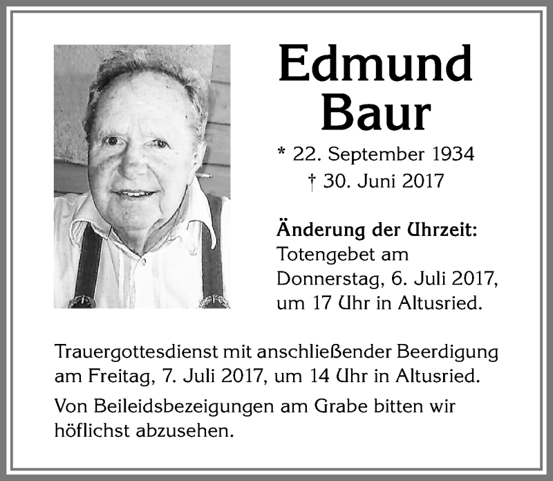 Traueranzeige von Edmund Baur von Allgäuer Zeitung,Kempten