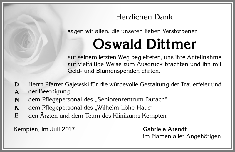 Traueranzeige von Oswald Dittmer von Allgäuer Zeitung,Kempten