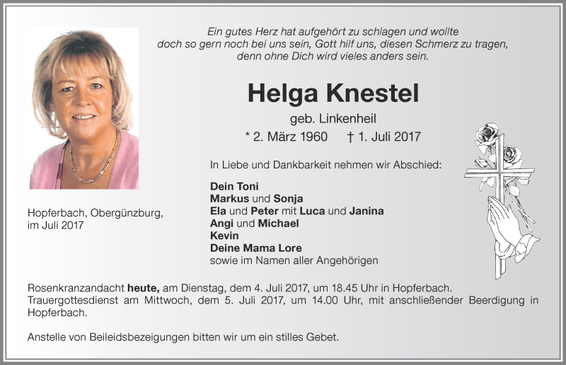 Traueranzeige von Helga Knestel von Allgäuer Zeitung