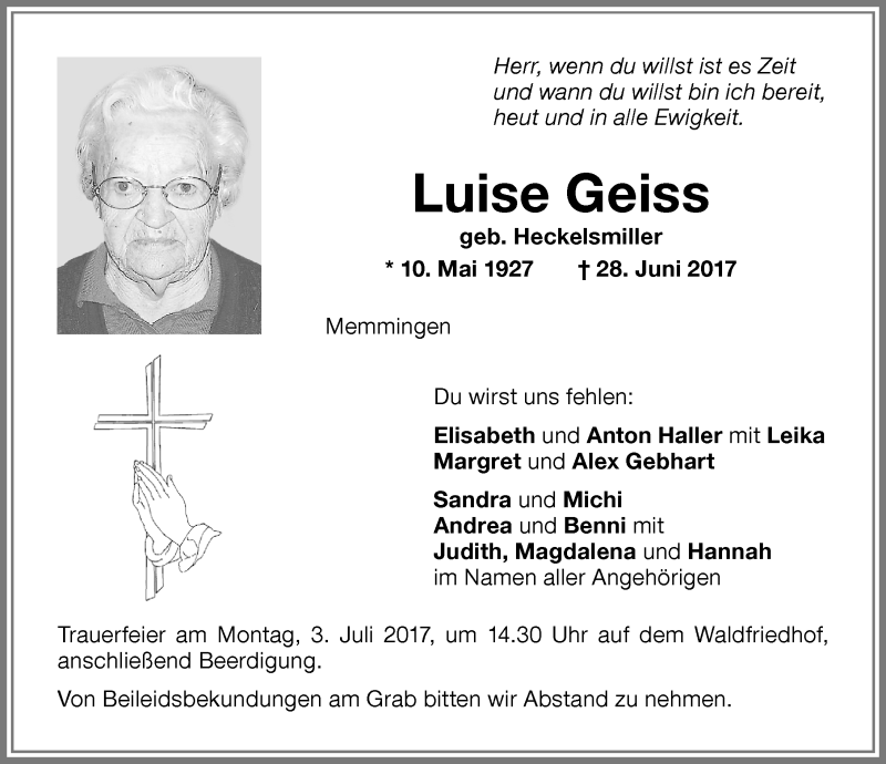 Traueranzeige von Luise Geiss von Memminger Zeitung