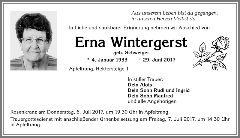 Traueranzeige von Erna Wintergerst von Allgäuer Zeitung, Kaufbeuren/Buchloe