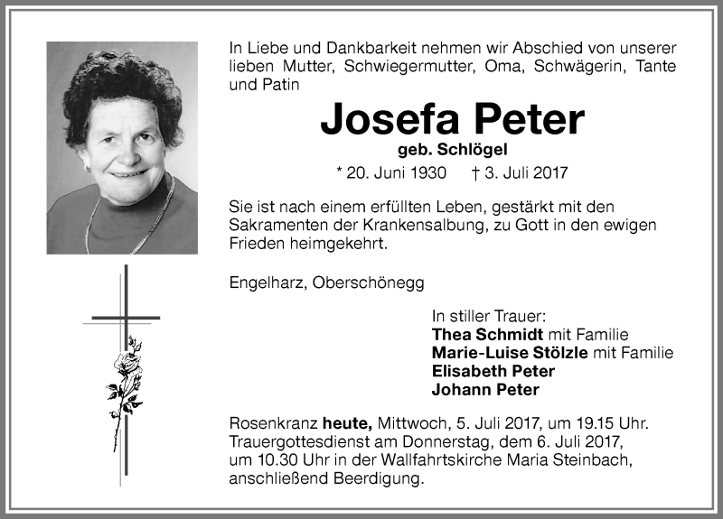 Traueranzeige von Josefa Peter von Memminger Zeitung