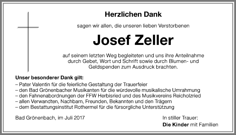 Traueranzeige von Josef Zeller von Memminger Zeitung