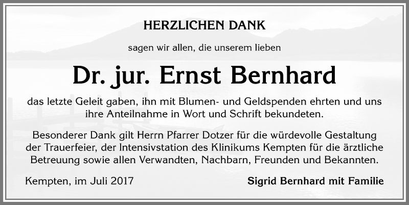 Traueranzeige von Ernst Bernhard von Allgäuer Zeitung,Kempten