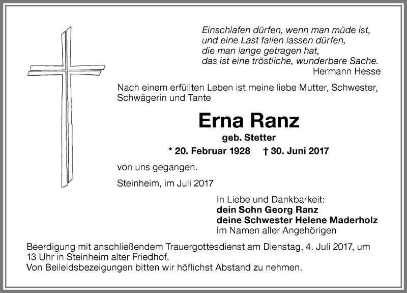 Traueranzeige von Erna Ranz von Memminger Zeitung