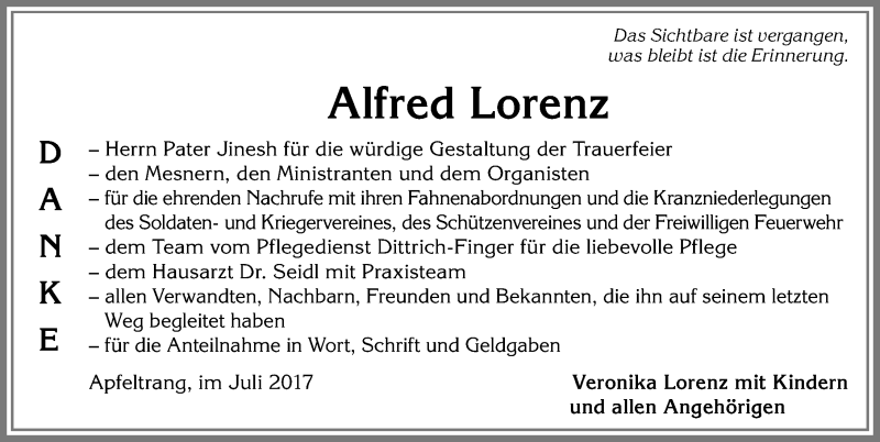 Traueranzeige von Alfred Lorenz von Allgäuer Zeitung, Kaufbeuren/Buchloe