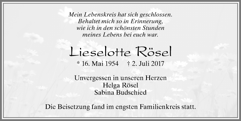 Traueranzeige von Lieselotte Rösel von Allgäuer Zeitung, Marktoberdorf