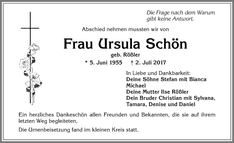 Traueranzeige von Ursula Schön von Allgäuer Zeitung, Kaufbeuren/Buchloe