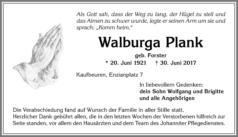 Traueranzeige von Walburga Plank von Allgäuer Zeitung, Kaufbeuren/Buchloe