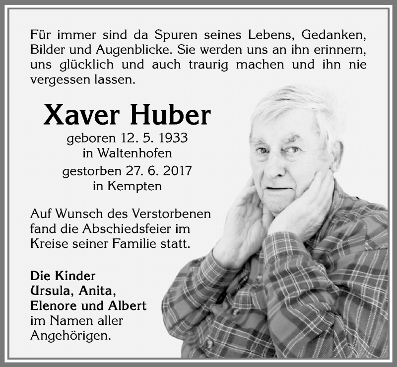 Traueranzeige von Xaver Huber von Allgäuer Zeitung,Kempten