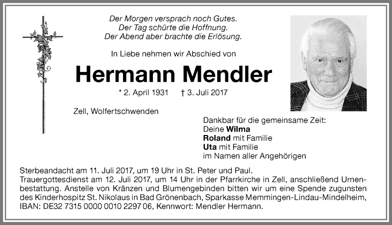 Traueranzeige von Hermann Mendler von Memminger Zeitung