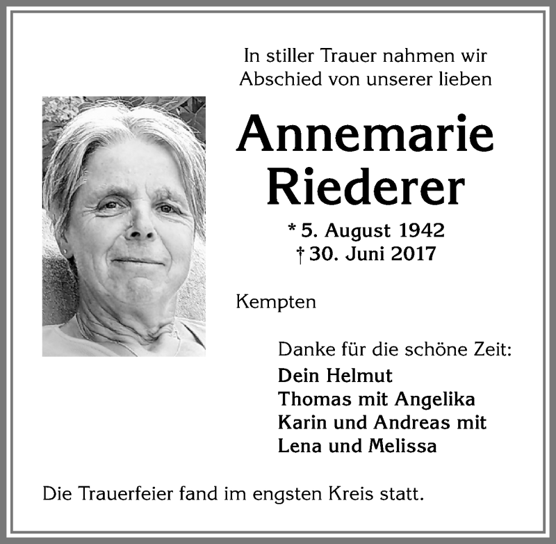 Traueranzeige von Annemarie Riederer von Allgäuer Zeitung,Kempten