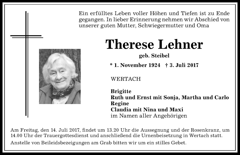 Traueranzeige von Therese Lehner von Allgäuer Anzeigeblatt