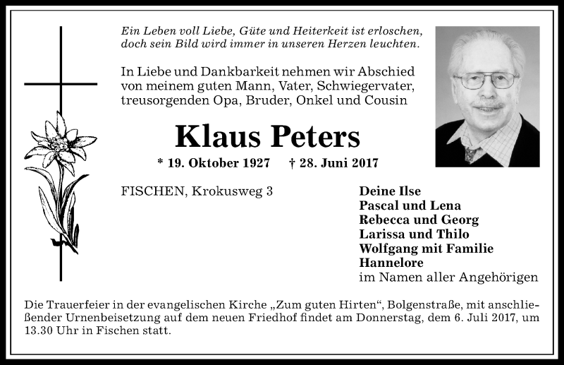 Traueranzeige von Klaus Peters von Allgäuer Anzeigeblatt