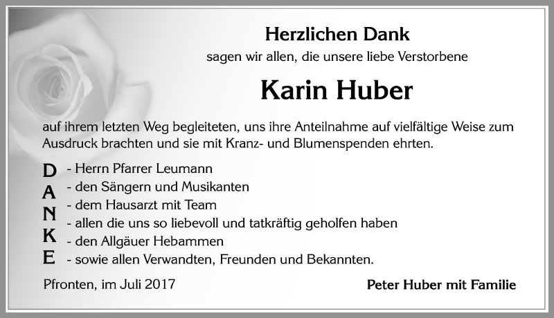 Traueranzeige von Karin Huber von Allgäuer Zeitung, Füssen