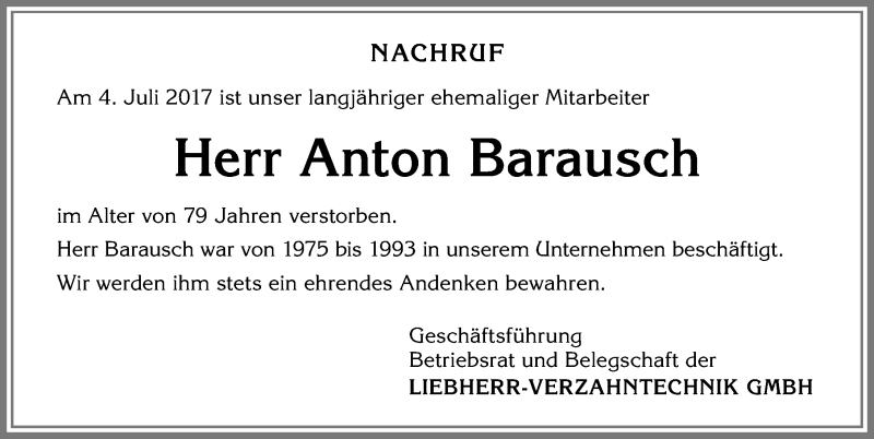 Traueranzeige von Anton Barausch von Allgäuer Zeitung,Kempten