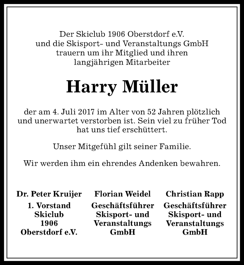 Traueranzeige von Harry Müller von Allgäuer Anzeigeblatt