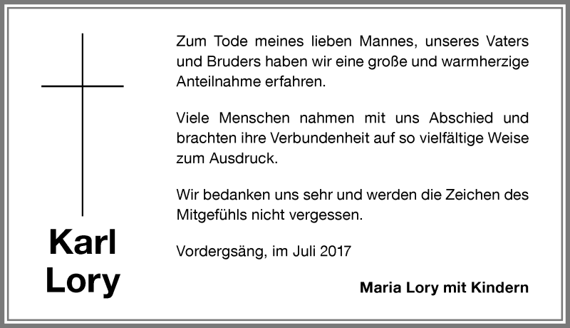 Traueranzeige von Karl Lory von Memminger Zeitung