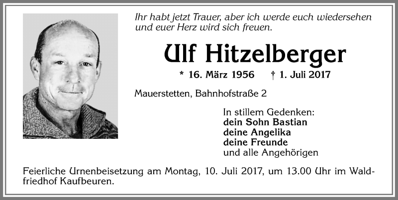 Traueranzeige von Ulf Hitzelberger von Allgäuer Zeitung, Kaufbeuren/Buchloe